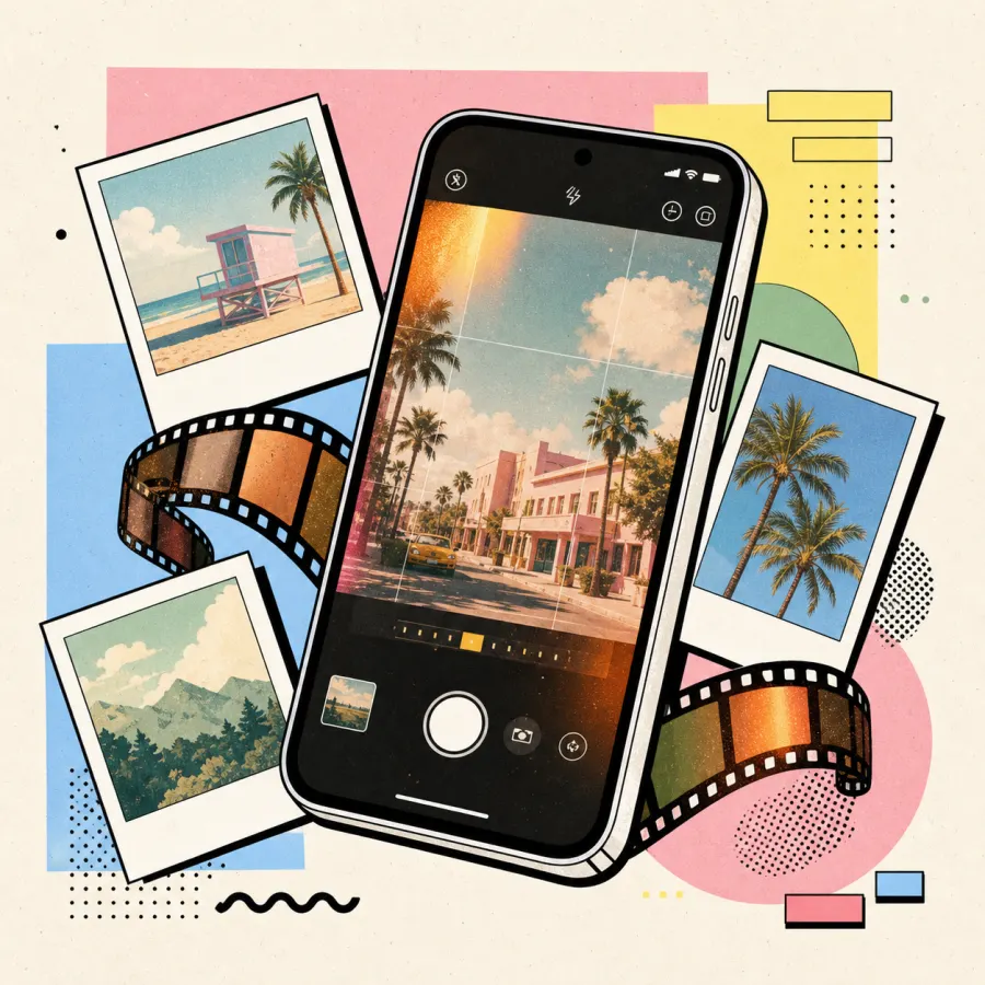 Android phone with vintage film camera filters, instant photos, and film strips