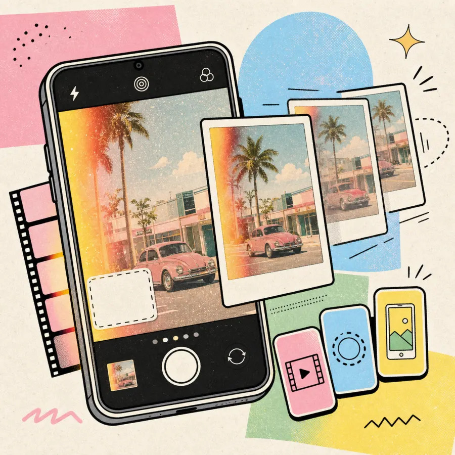 Retro Android camera photo with date stamp, light leaks, motion frames, and export icons