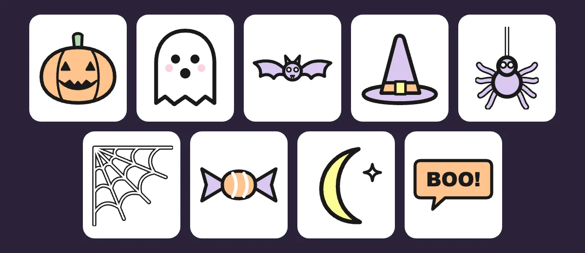 The Halloween sticker set: pumpkin, ghost, bat, witch hat, spider, cobweb, candy, moon and a BOO speech bubble