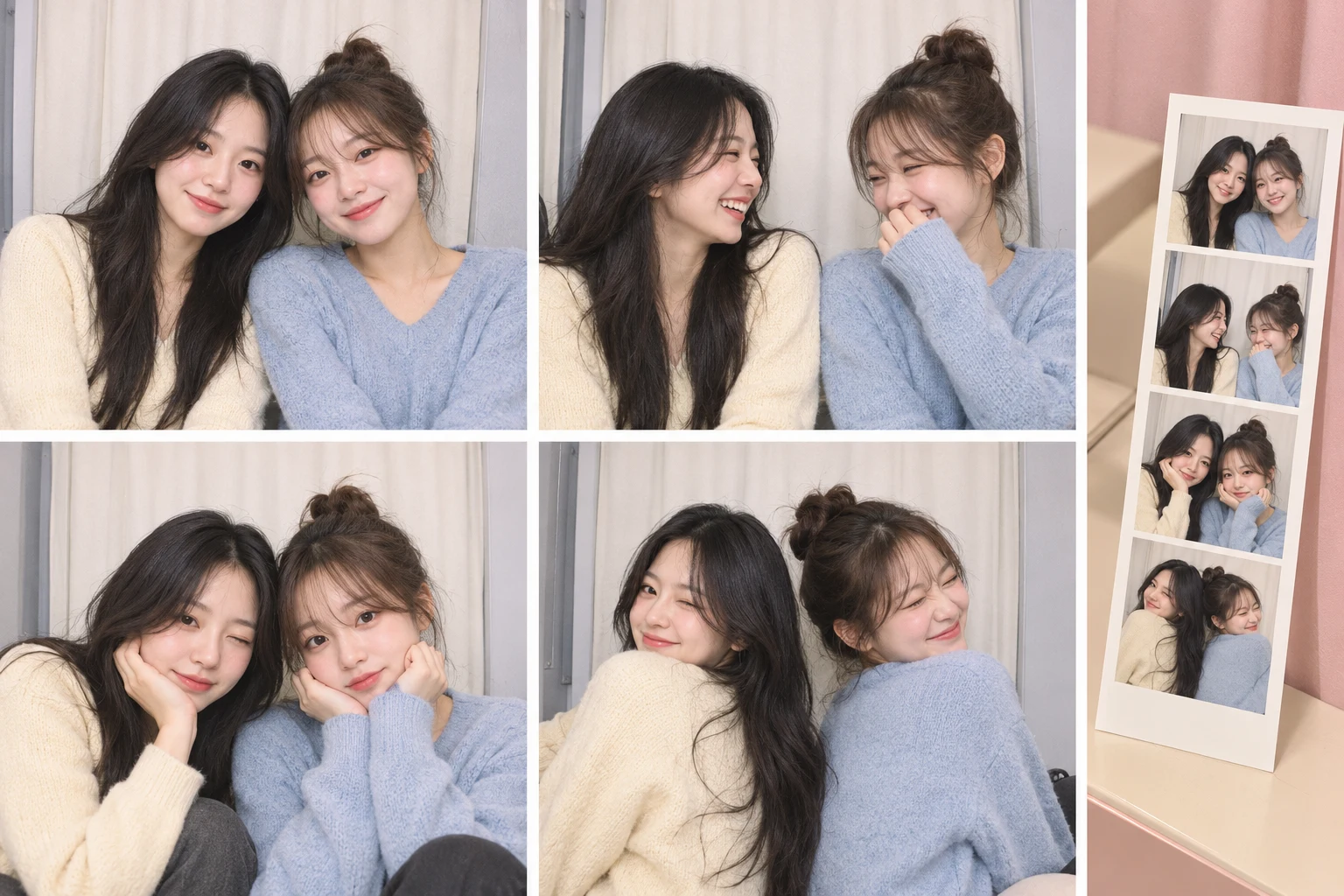두 친구가 네 가지 다른 포즈로 찍은 포토부스 사진 네 장