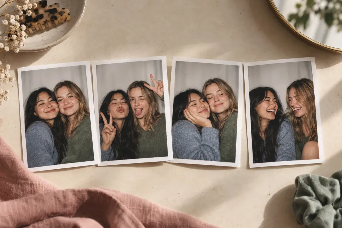 Four photo-booth prints showing a sequence from a smile to a candid laugh