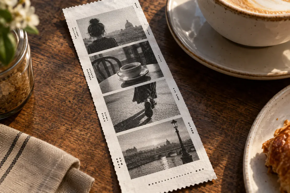 A dotted black-and-white receipt-style photo strip on a café counter