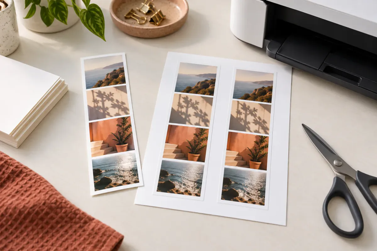A vertical photo strip beside a 4×6 sheet with two copies ready to print