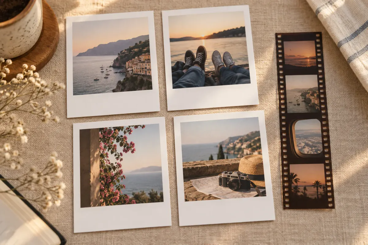Instant-film style photo cards beside a narrow vintage film strip